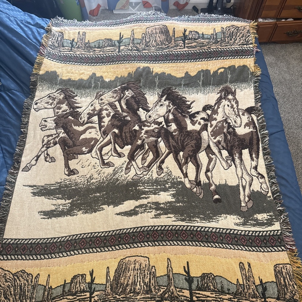 Vintage Woven Cotton Tapestry Throw Blanket 54x42 Wild Horses Mountain Accent.